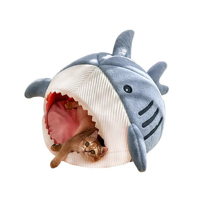 Wholesale Custom Luxury Cute Shark Shape Soft Plush Cat Nest Bed Large Non-Slip Bottom Warm Pet Dog Calming Cat Cave Bed for Pet