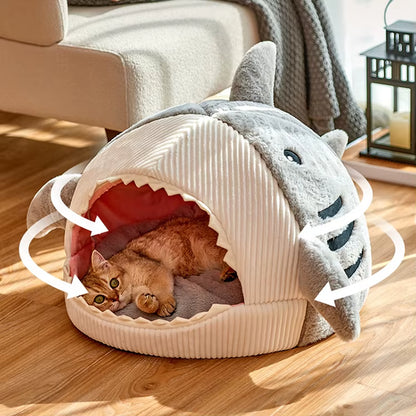 Wholesale Custom Luxury Cute Shark Shape Soft Plush Cat Nest Bed Large Non-Slip Bottom Warm Pet Dog Calming Cat Cave Bed for Pet