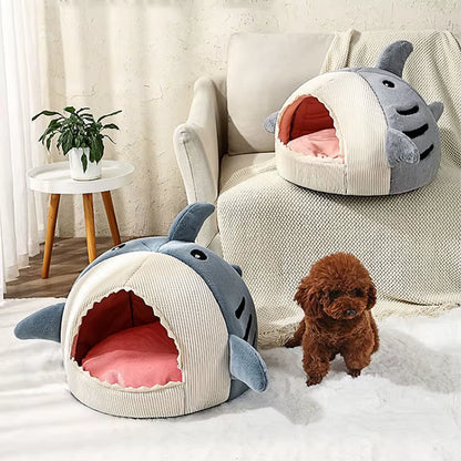 Wholesale Custom Luxury Cute Shark Shape Soft Plush Cat Nest Bed Large Non-Slip Bottom Warm Pet Dog Calming Cat Cave Bed for Pet